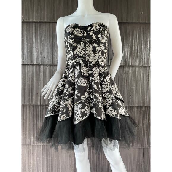 🔥Y2K Romantic Rose Print Sequin Tulle Strapless Goth Fairy Peplum Party Dress - Picture 1 of 16